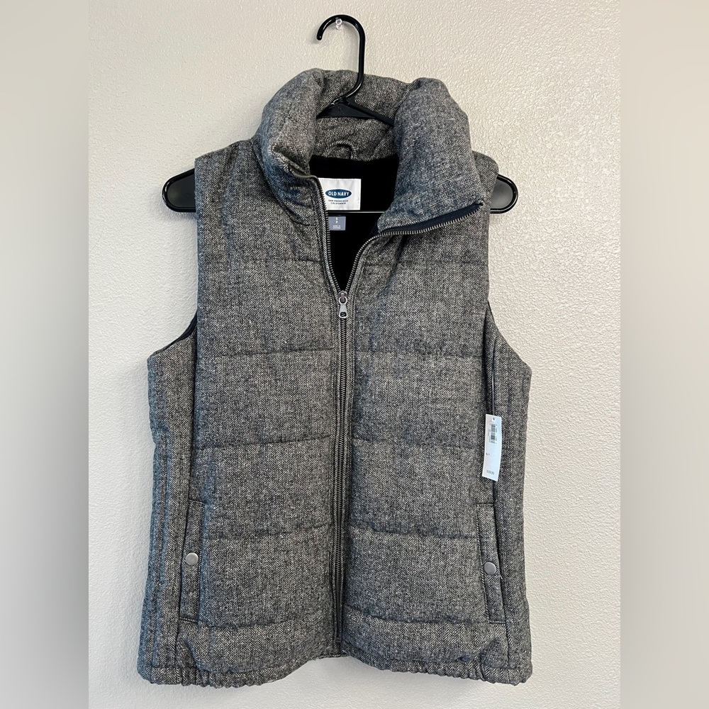 Old Navy - Vintage Gray Puffer Vest, Warm, Small, Charcoal Tweed, Herringbone